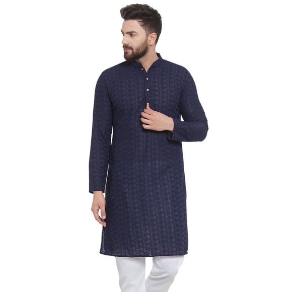 Designer Navy Blue Cotton Chikankari Lucknowi Jaal Embroidered Kurta for Men - Picture 1 of 6